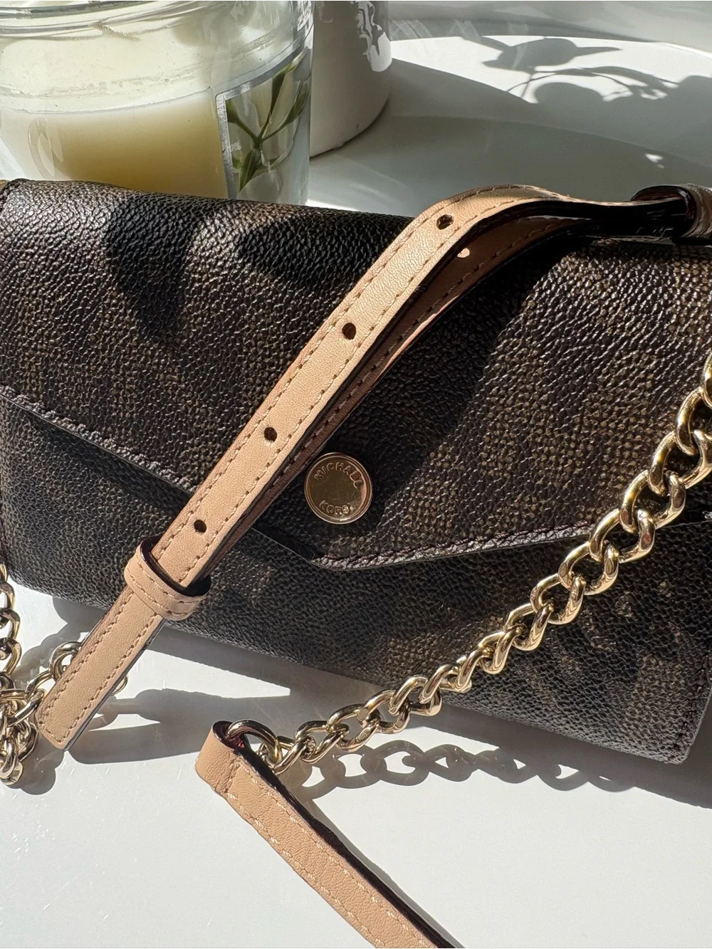 Michael Kors Signature MK Wallet on Chain Envelope Crossbody/Clutch Brown Gold